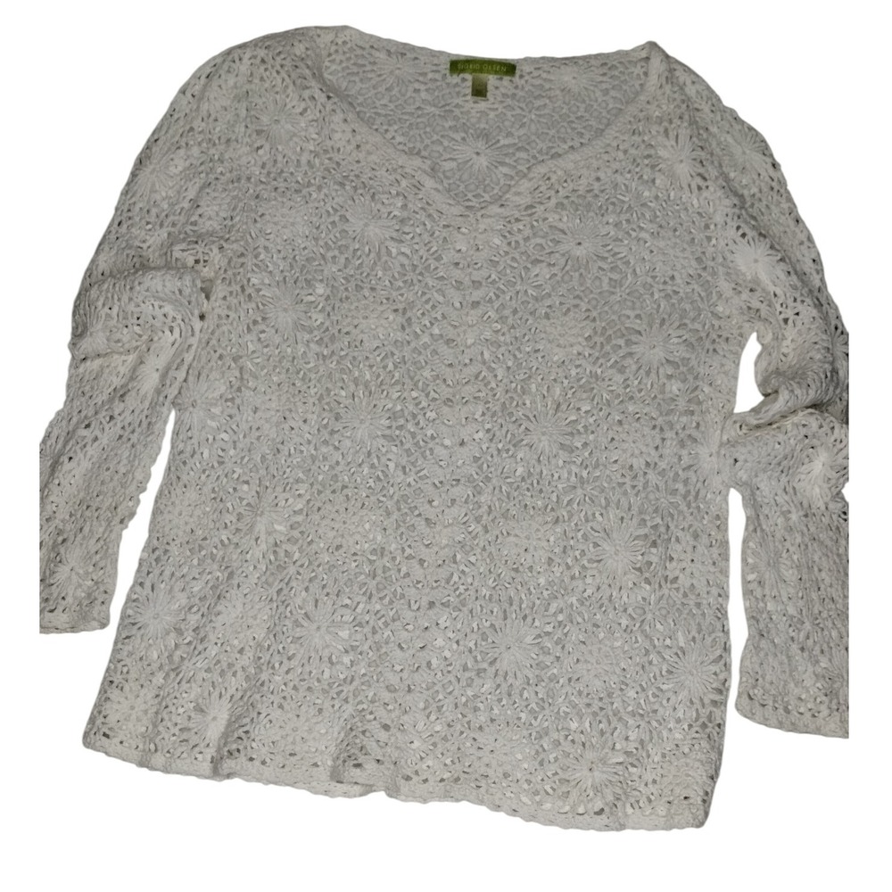 Sigrid Olsen Crochet Knit‎ Top / cover-up Floral V Neck Long Sleeve White Size L